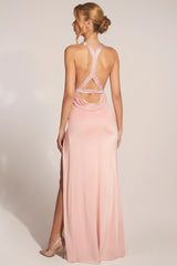Cowl Neck Thigh High Gown in Blush Pink
