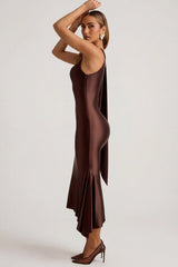 Asymmetric Scarf Detail Midaxi Dress in Chocolate Brown