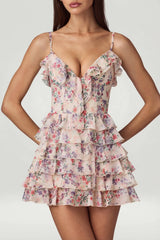 Ruffled Lace Up A Line Mini Dress in Primrose Floral Print