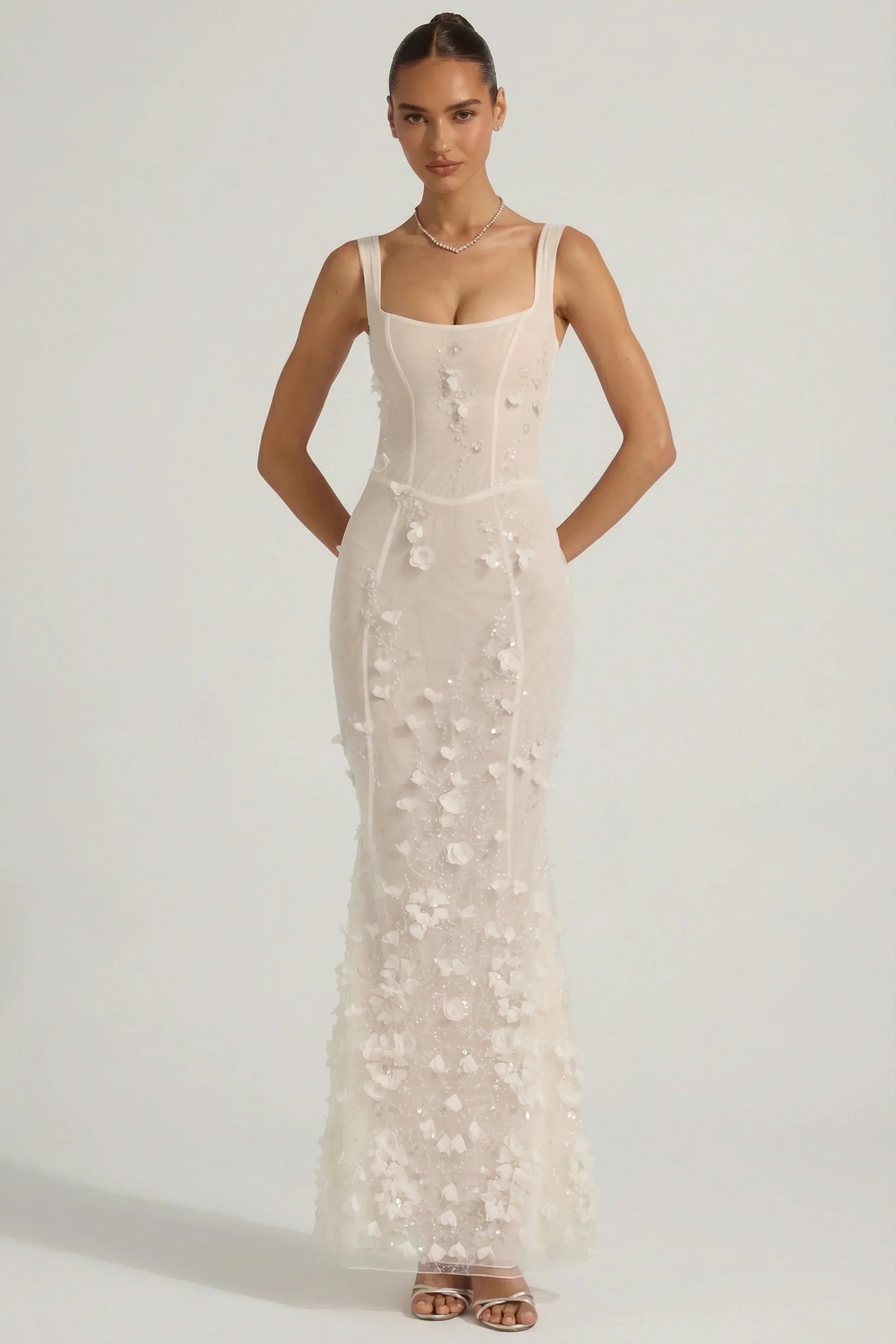 Embellished Appliqué Soft Scoop Corset Gown in White