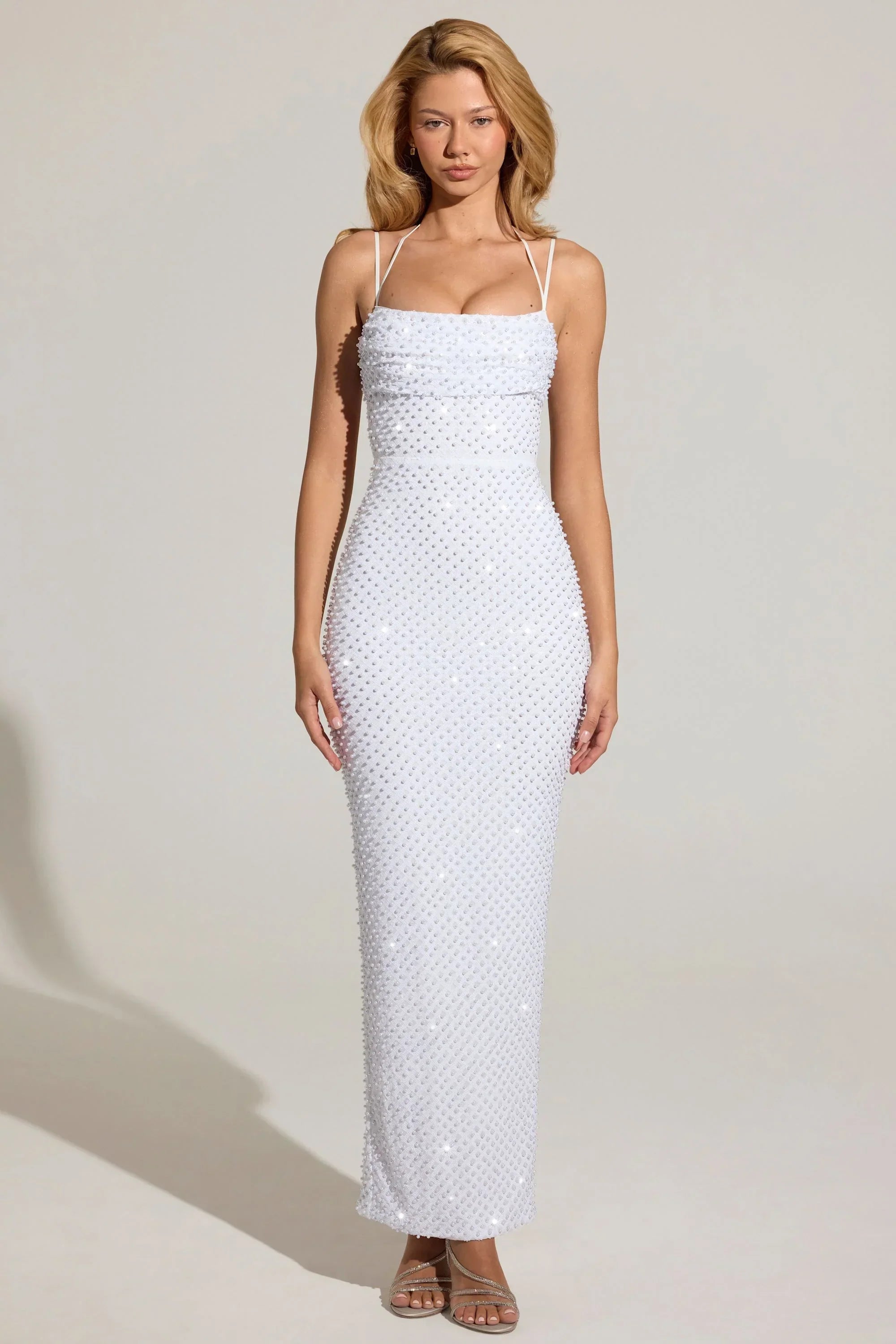 Embellished Cowl Neck Maxi Dress in White
