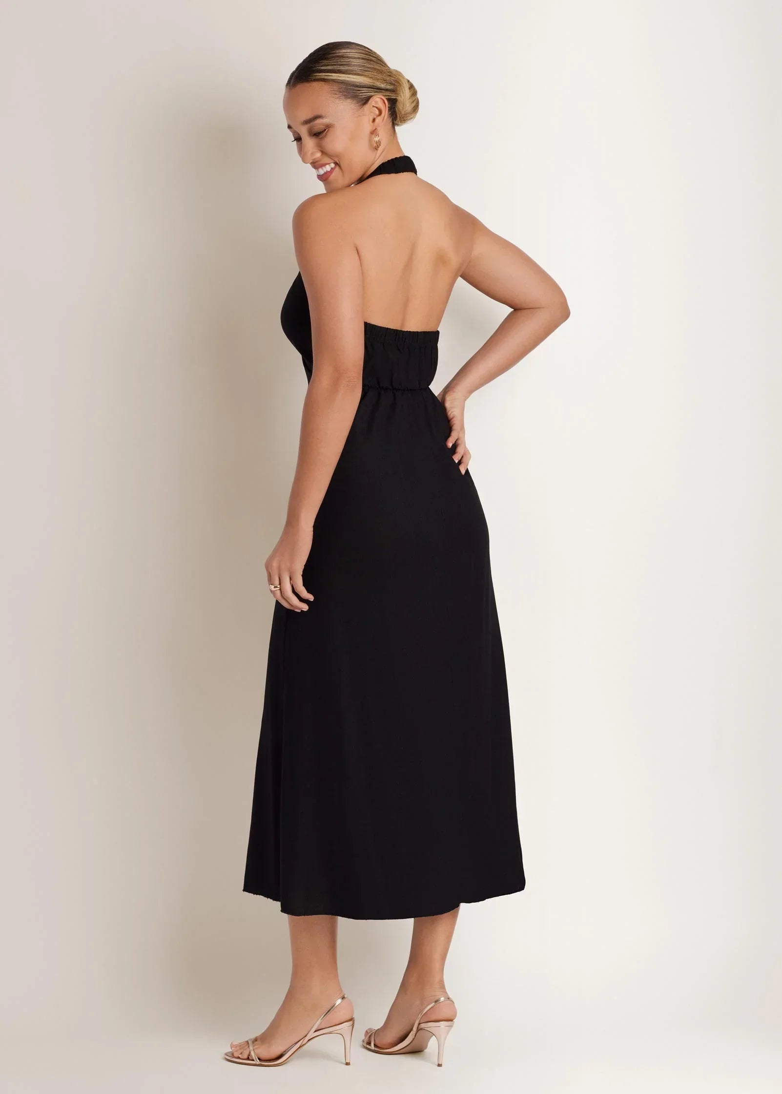 Linen Halter Sleeveless Maxi Dress Jet Black