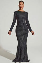 Embellished Open Back Gown in Black