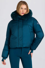 Waterproof Faux Fur Hood Cropped Ski Jacket in Teal