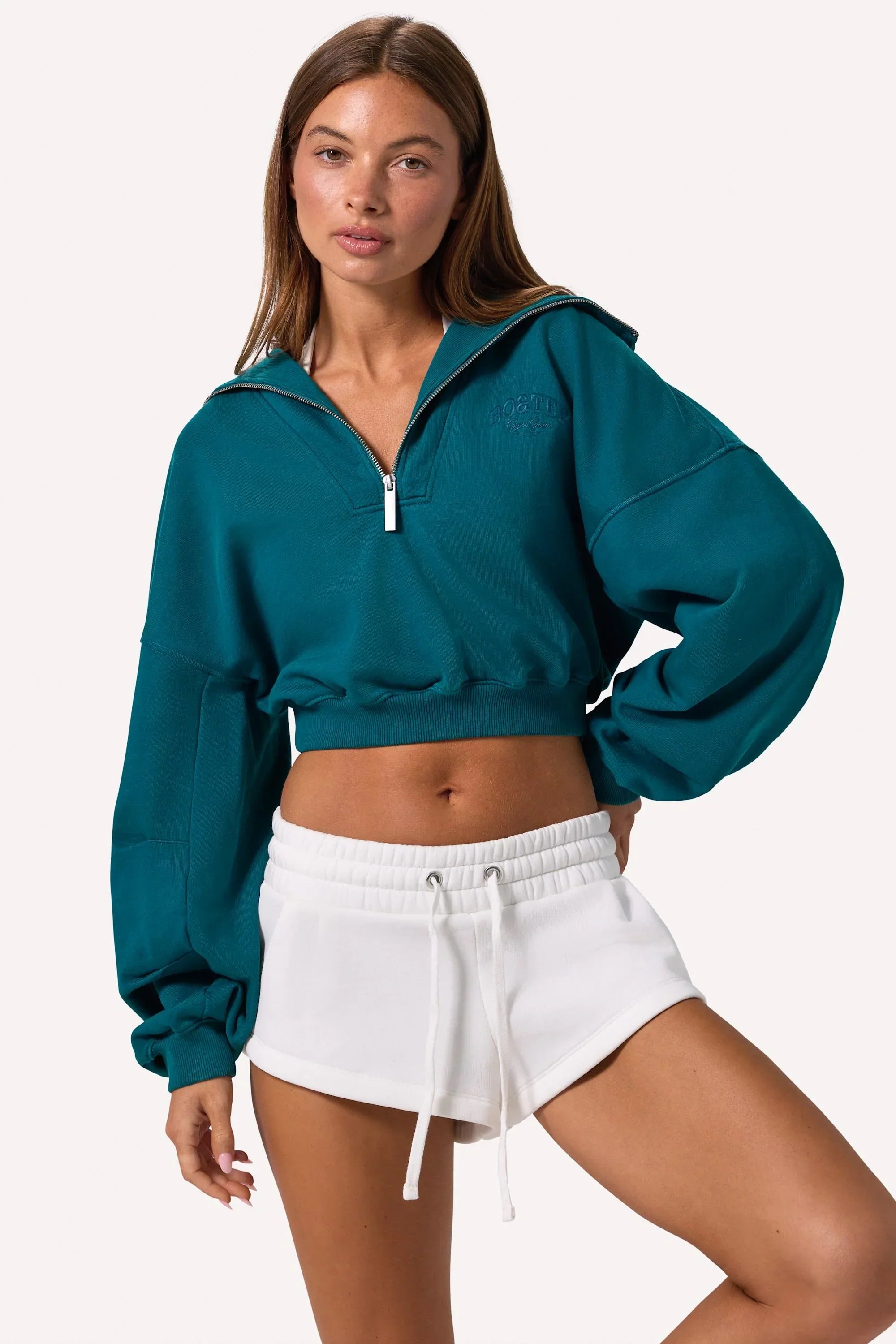 Quarter Zip Cropped Sweatshirt in Teal