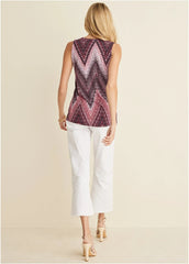V Neck Sleeveless Top Burgundy Multi