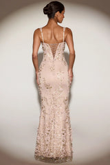 Embellished Appliqué Soft Scoop Corset Gown in Gold