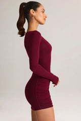Modal Boat Neck Draped Long Sleeve Mini Dress in Wine