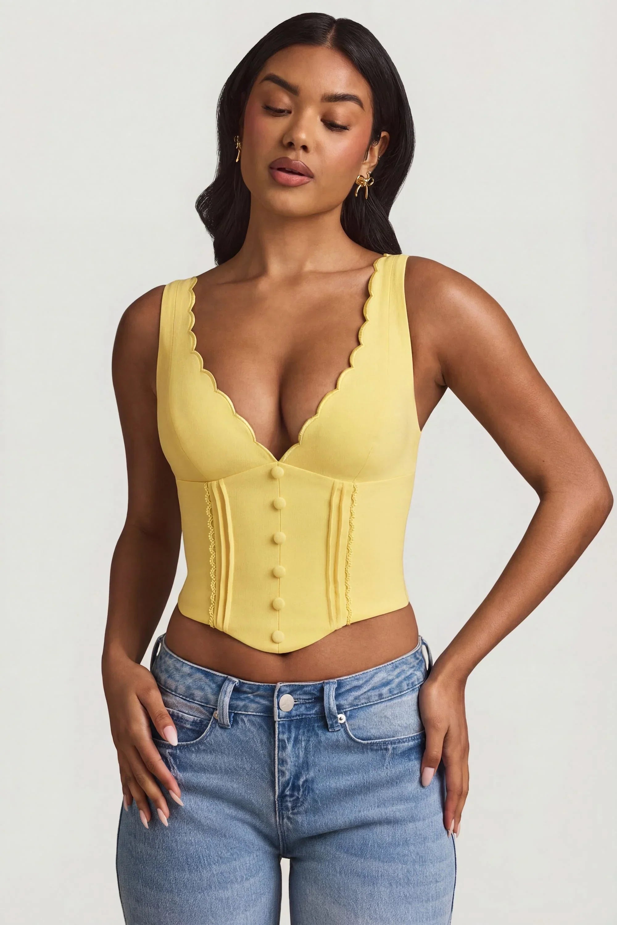 Plunge Neck Scalloped Corset Top in Pastel Yellow