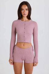 Ribbed Knit Tie Mini Shorts in Mauve