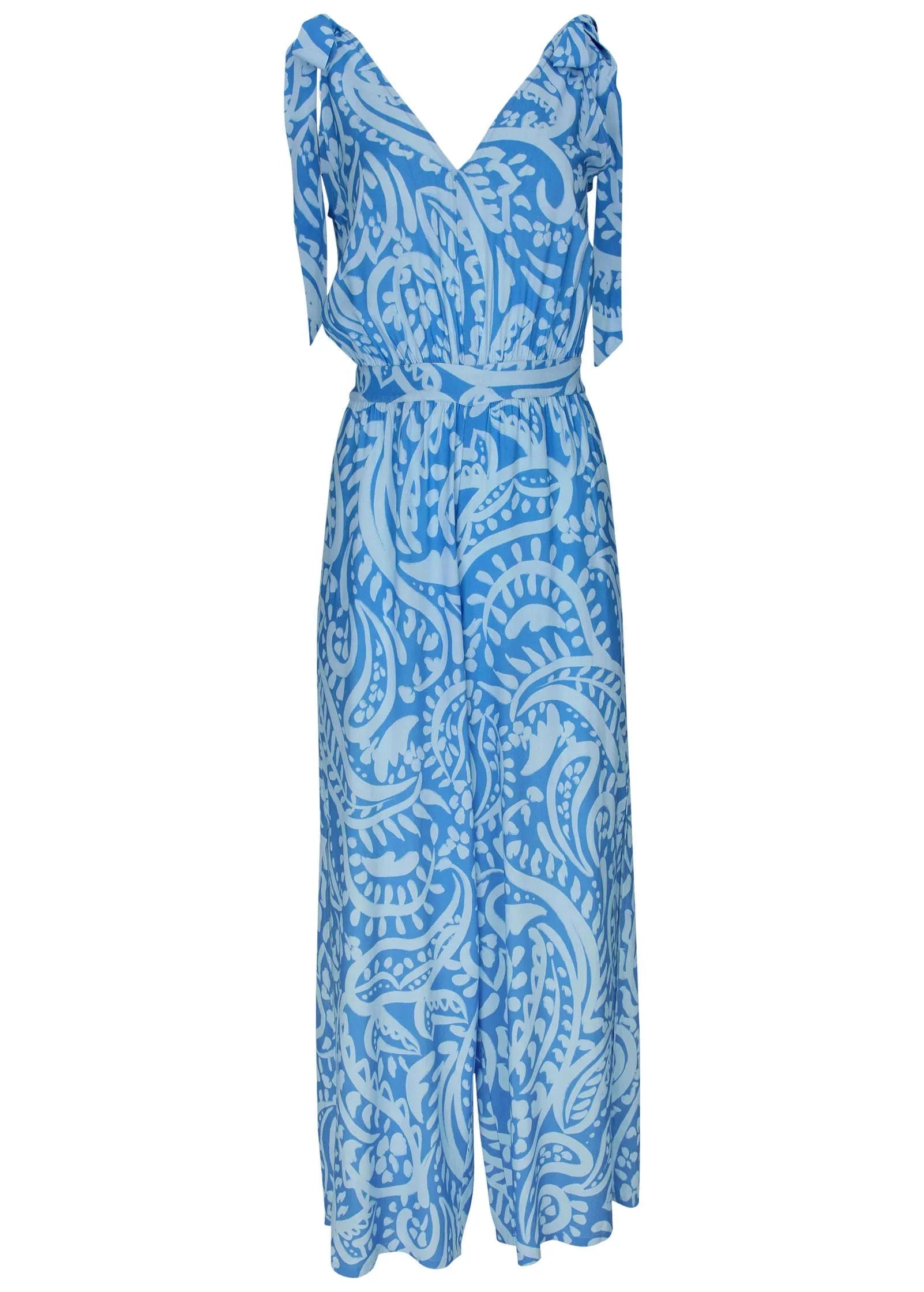 Tie Strap Wide Leg Jumpsuit Blue Allover Spring Paisley
