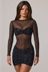 Sheer Embellished High Neck Long Sleeve Mini Dress in Black