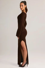 Rib Knit Boat Neck Long Sleeve Maxi Dress in Chocolate Brown
