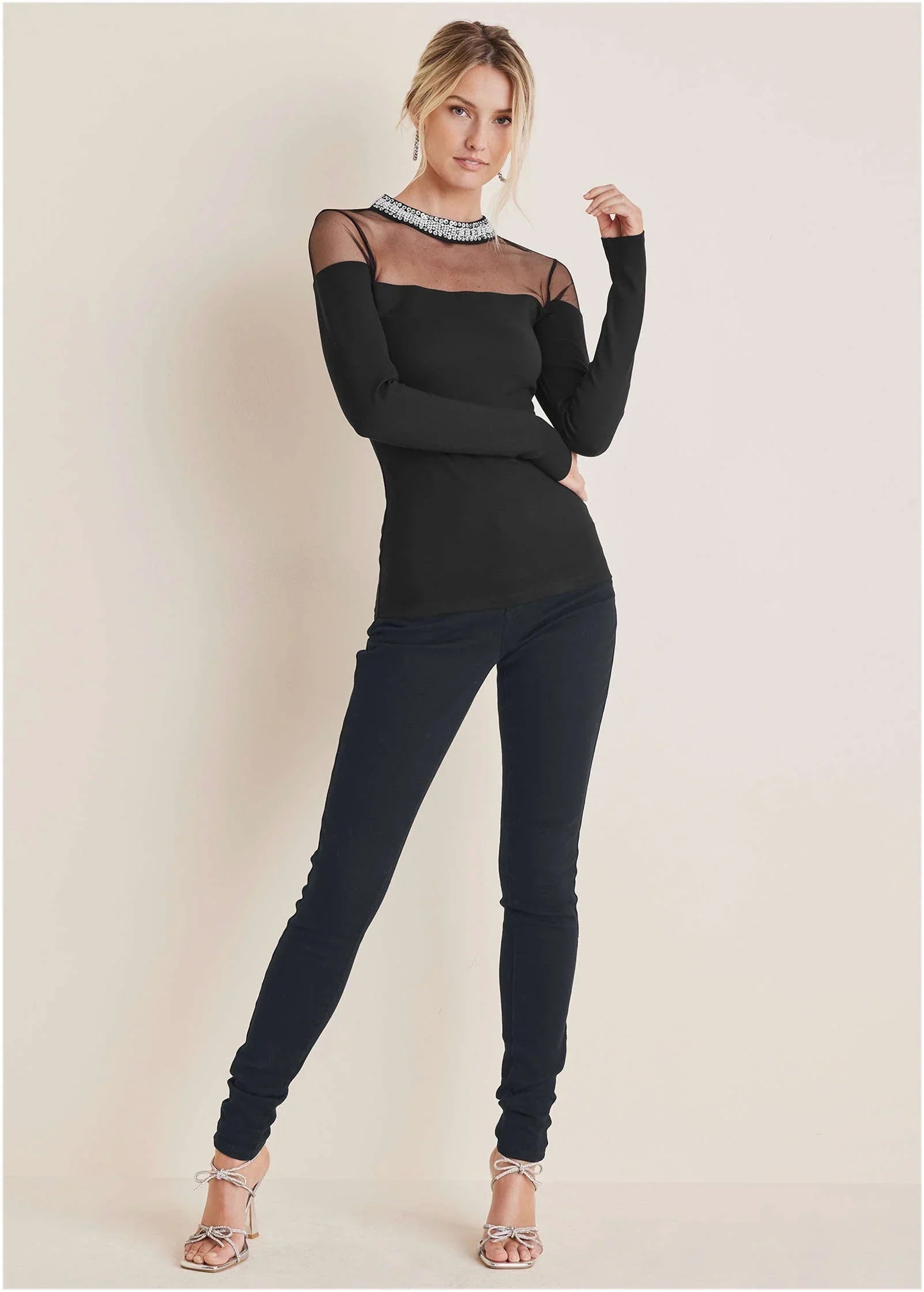 Embellished Neck Mesh Top Jet Black