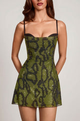 Embellished Cowl Neck A line Mini Dress in Green Snake
