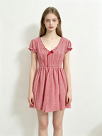 Red Gingham Ruffle V-Neck Mini Dress