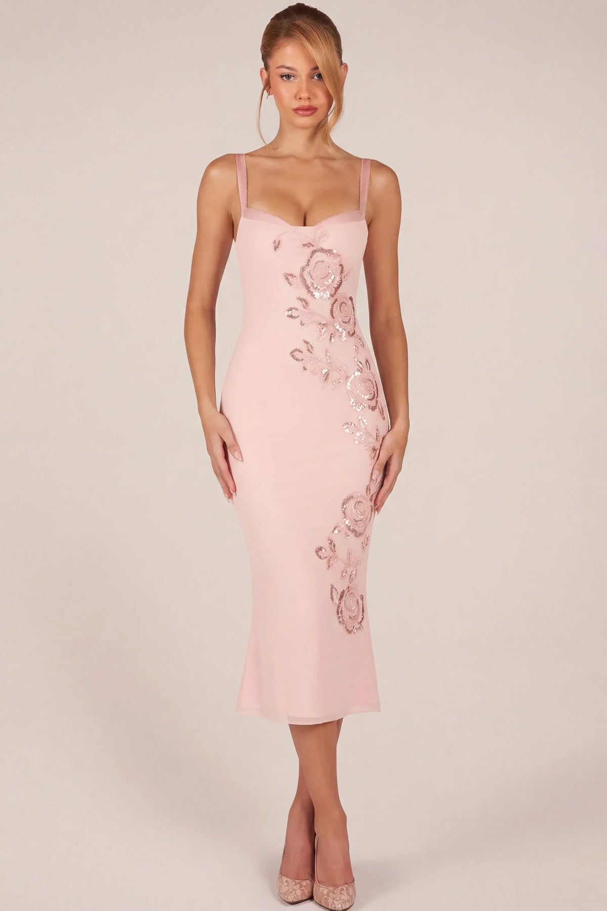 Embellished Peekaboo Fluted Hem Midaxi Dress in Pink