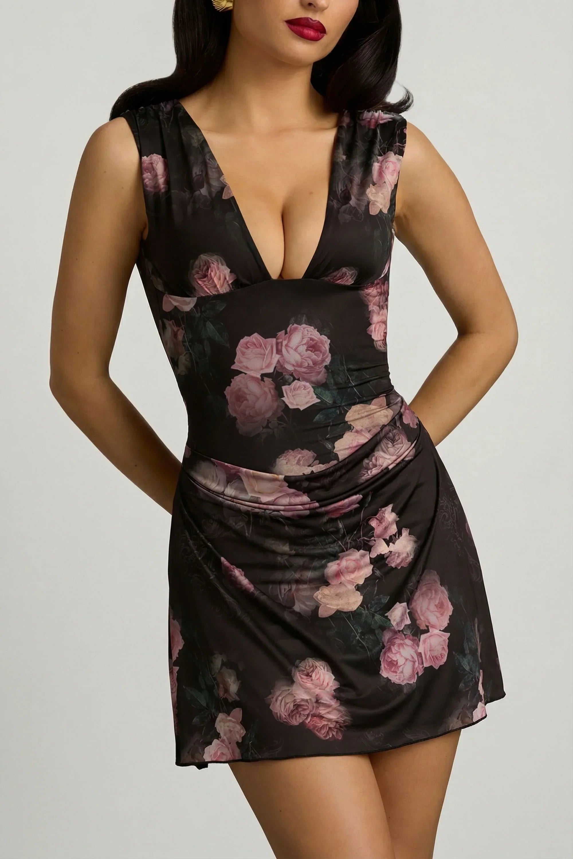 Draped Open Back A Line Mini Dress in Black Floral Print