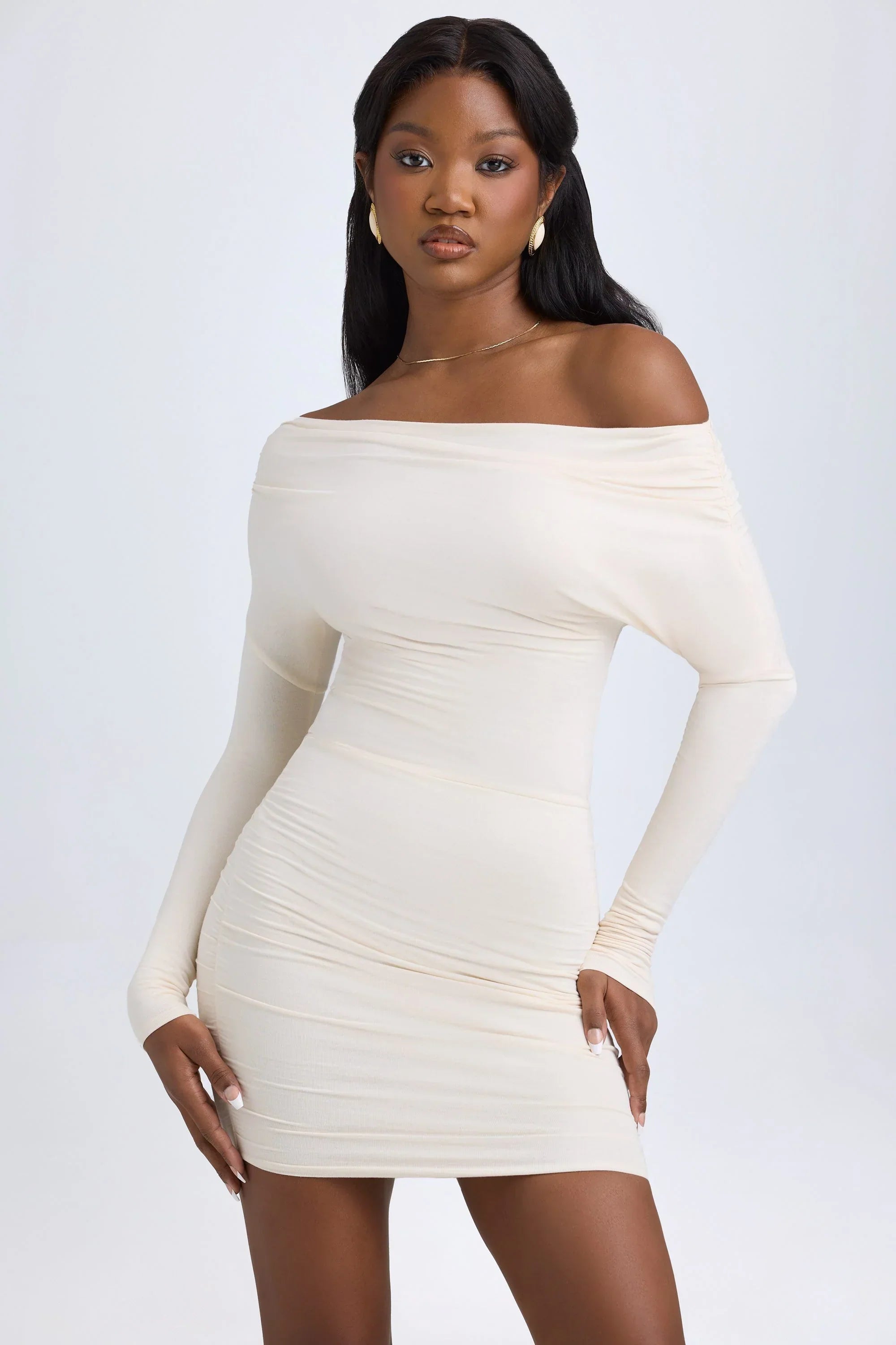 Modal Off Shoulder Ruched Mini Dress in Ivory
