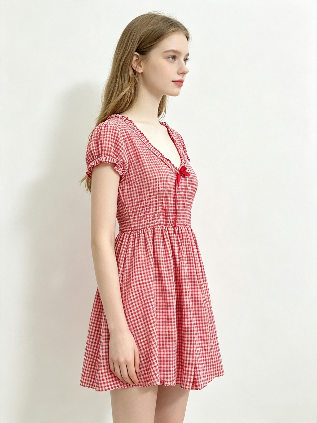 Red Gingham Ruffle V-Neck Mini Dress