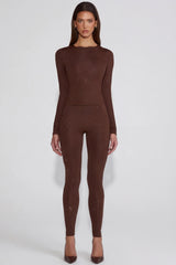 Embellished Jersey High Waisted Leggings in Chocolate Brown