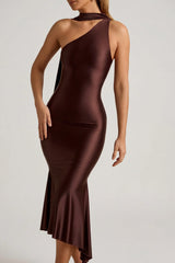 Asymmetric Scarf Detail Midaxi Dress in Chocolate Brown