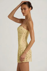 Sheer Embellished Square Neck Mini Dress in Yellow