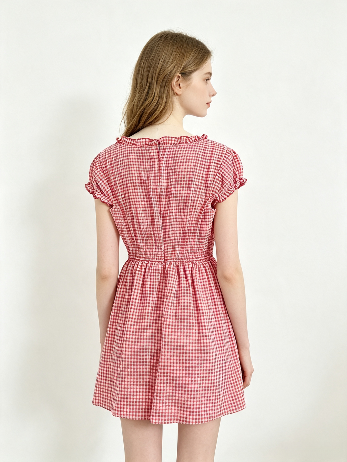 Red Gingham Ruffle V-Neck Mini Dress