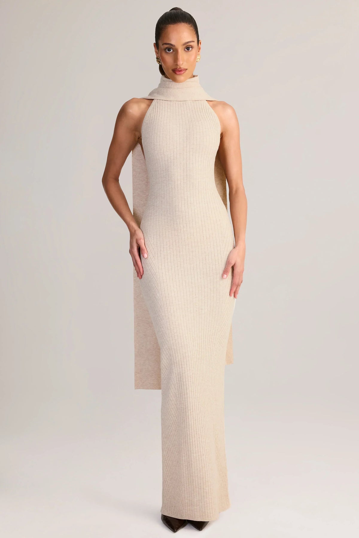 Rib Knit Scarf Detail Halterneck Maxi Dress in Cream