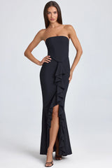 Bandeau Ruffle Trim Corset Gown in Black