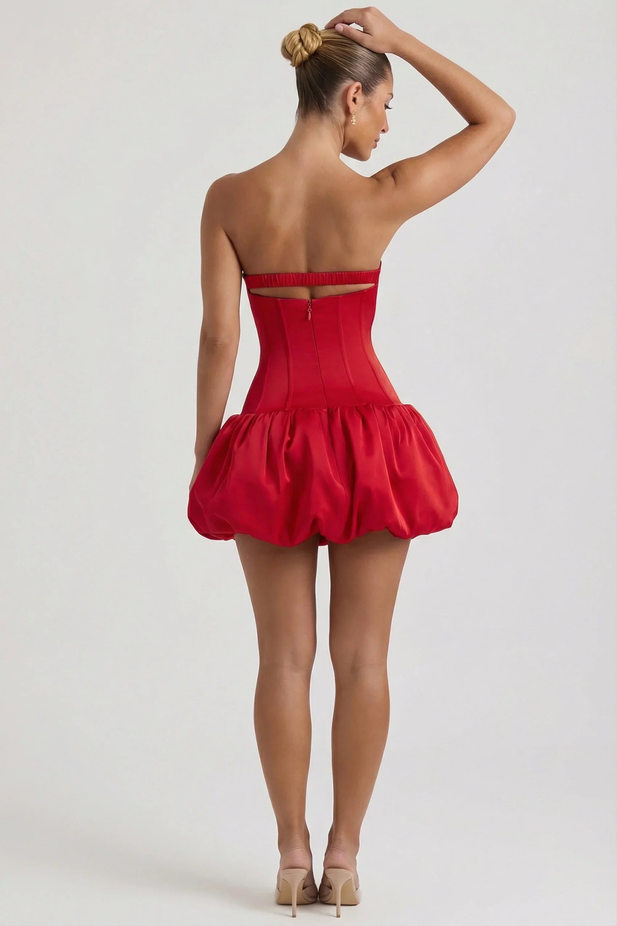 Cut Out Bubble Hem Corset Mini Dress in Red