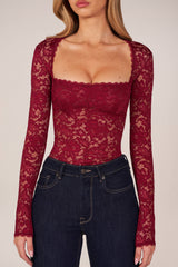 Long Sleeve Laced Bodysuit in Wine