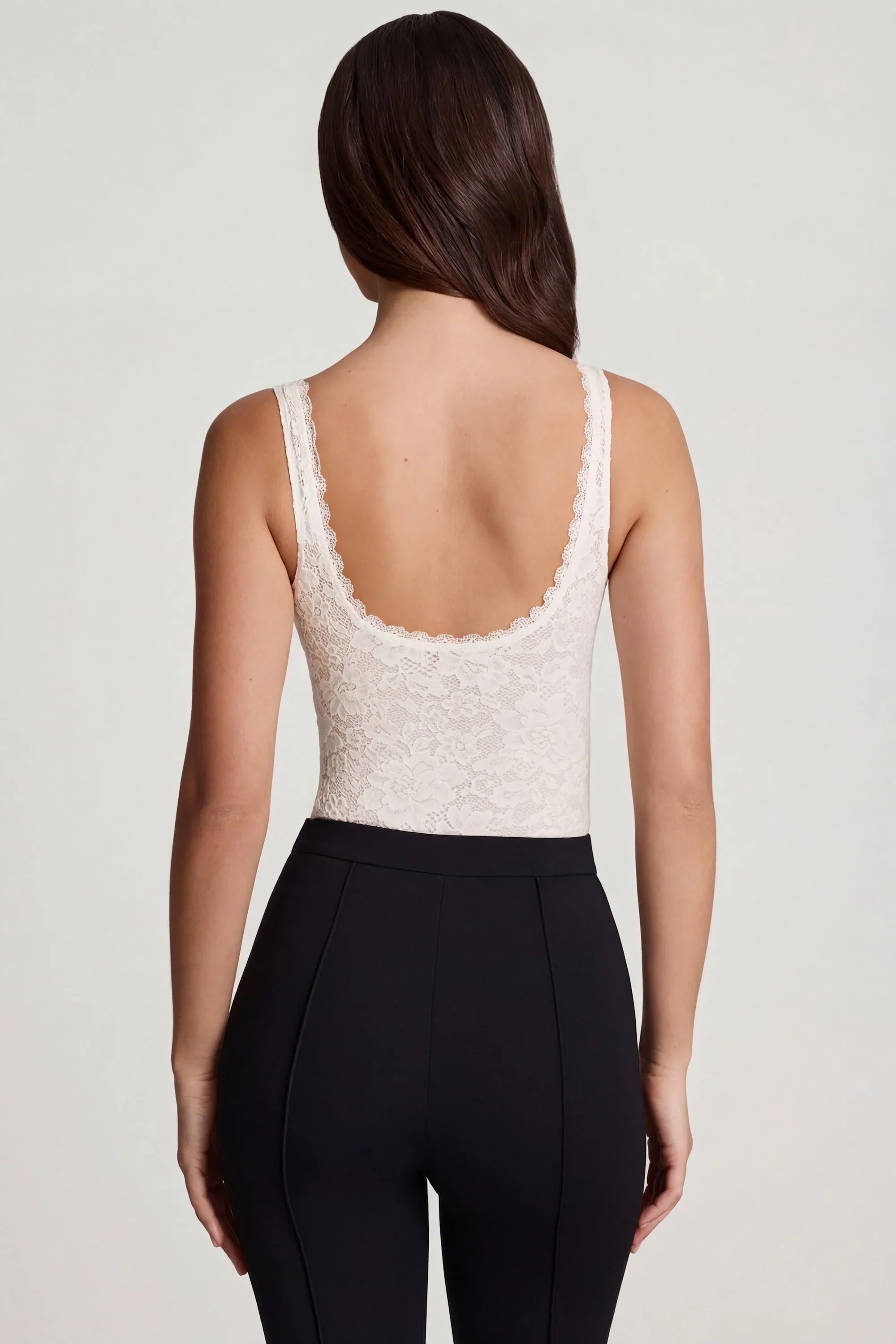 Sheer Lace Scalloped Plunge Neck Bodysuit in White