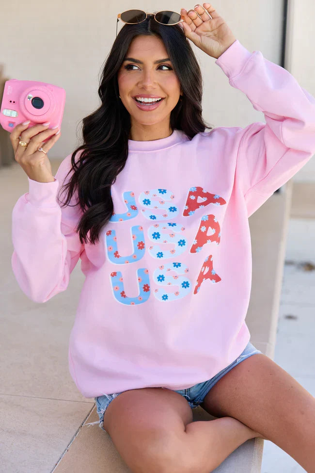 USA Floral Light Pink Oversized Graphic Sweatshirt