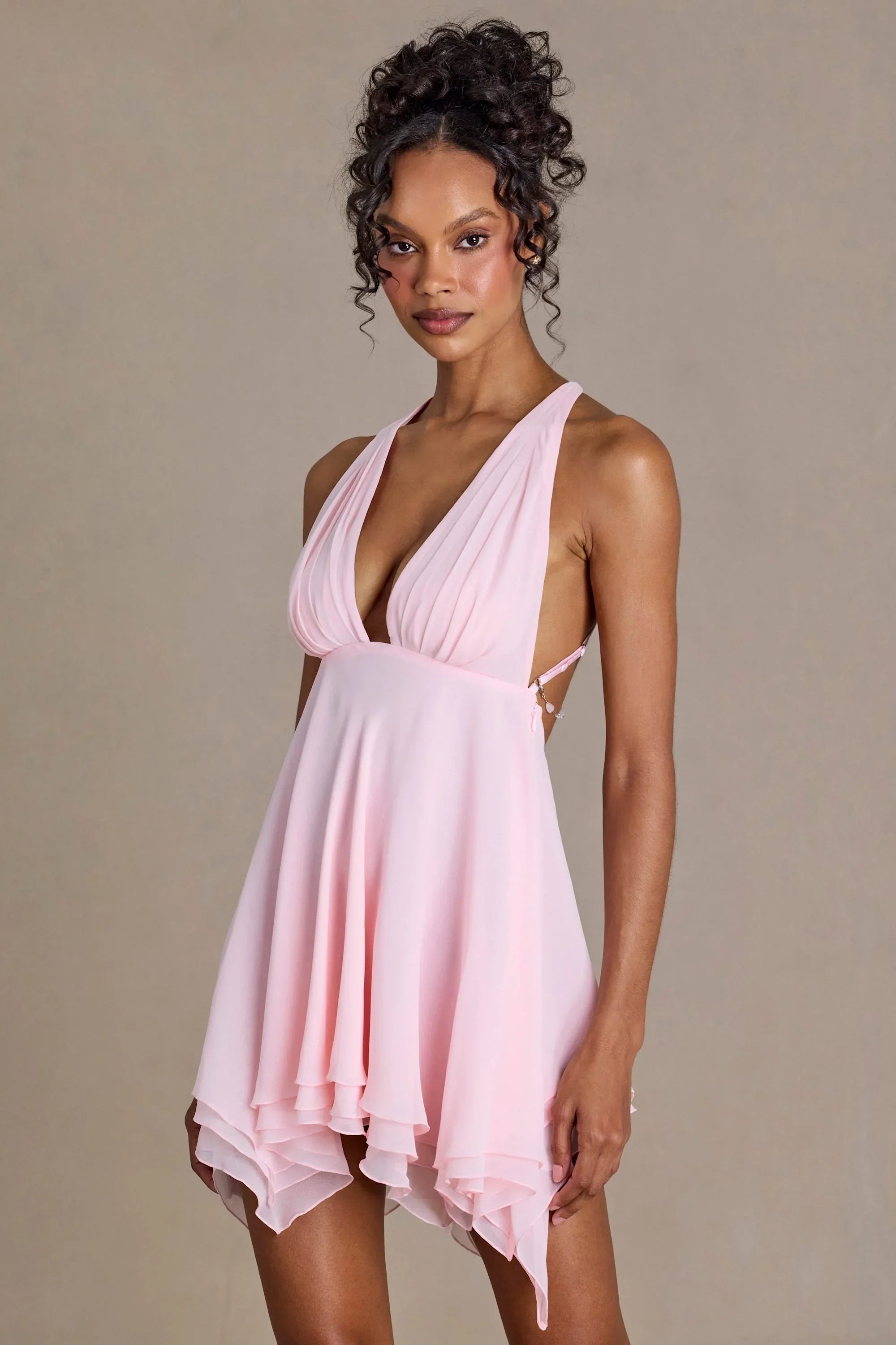 Chiffon Plunge Neck Open Back Mini Dress in Blossom