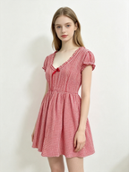 Red Gingham Ruffle V-Neck Mini Dress