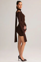 Knit Scarf Detail Off Shoulder Mini Dress in Chocolate Brown