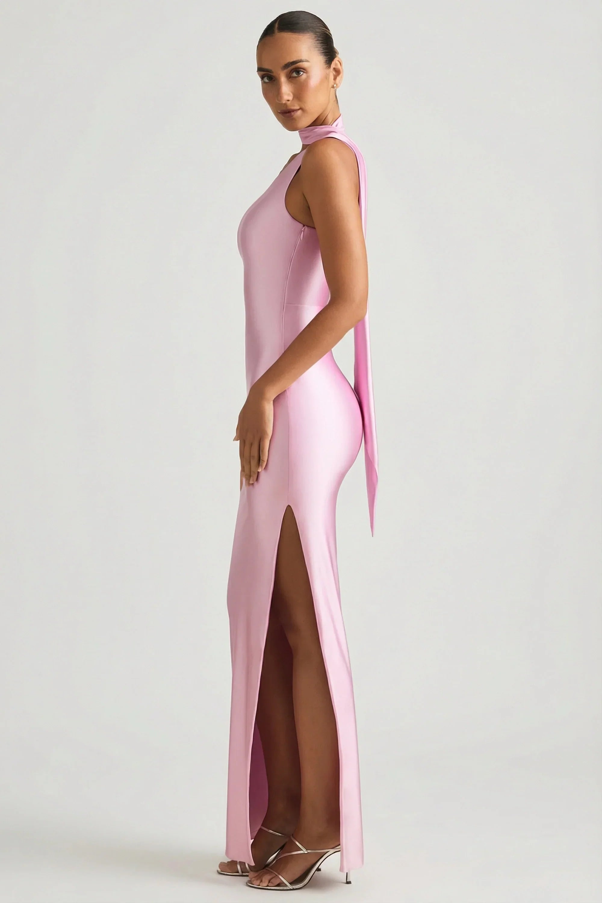 Asymmetric Scarf Detail Maxi Dress in Soft Pink