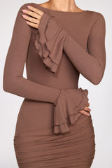 Ribbed Modal Long Sleeve Draped Mini Dress in Mocha