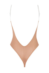 Soft Mesh Invisible Strap Thong Bodysuit in Warm Peach