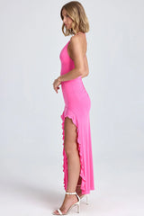 Ruched Ruffle Trim Maxi Dress in Lollipop Pink
