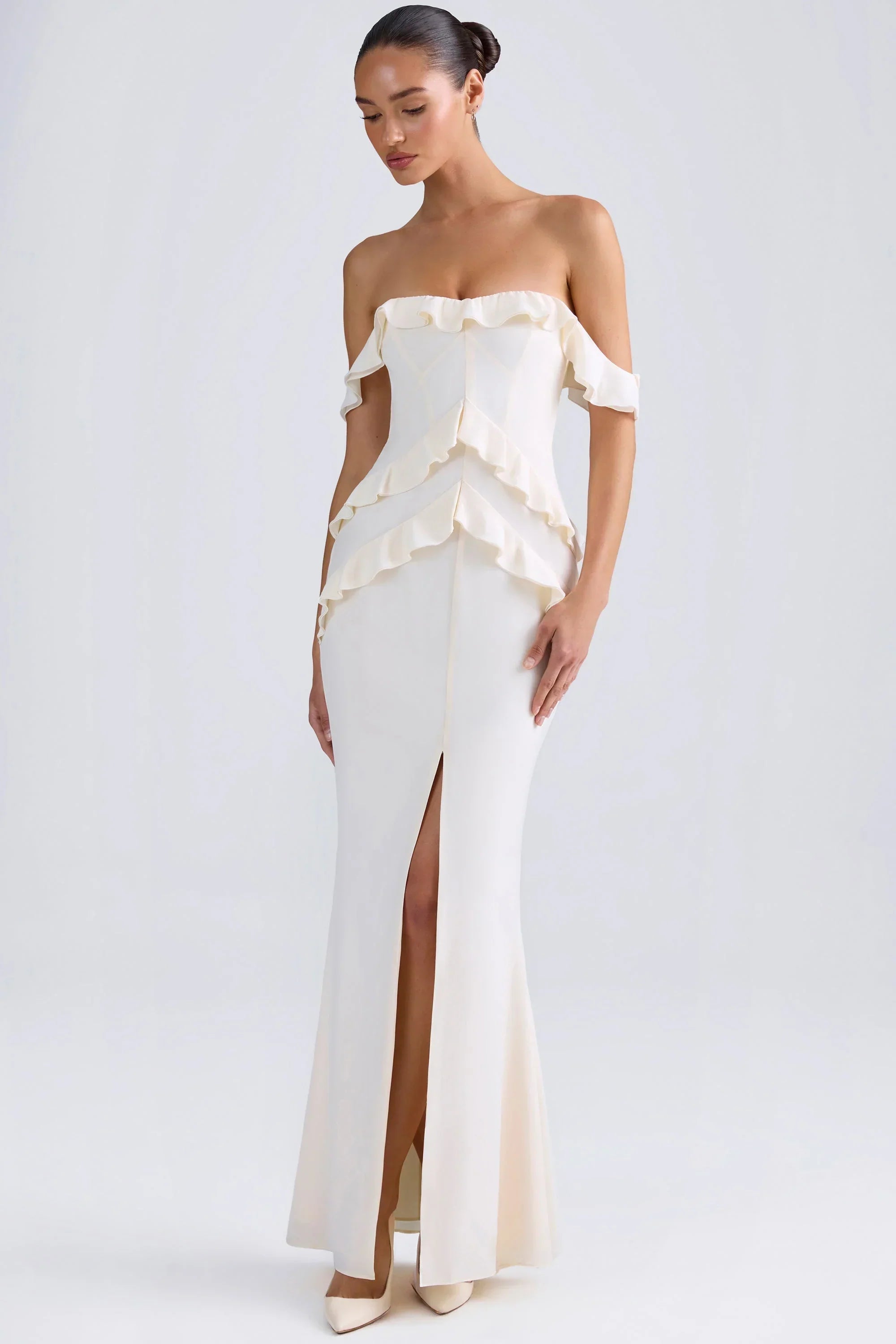 Off Shoulder Ruffle Trim Gown in Ivory