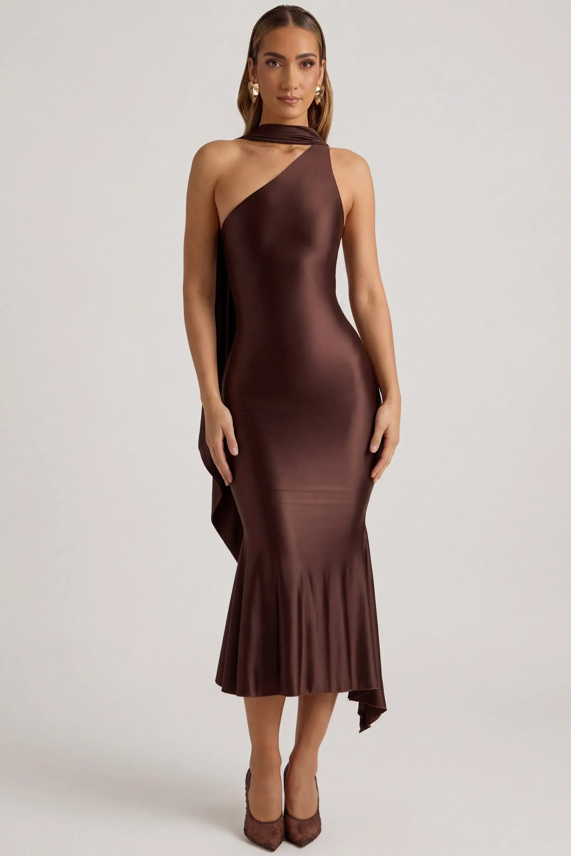 Asymmetric Scarf Detail Midaxi Dress in Chocolate Brown