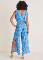 Tie Strap Wide Leg Jumpsuit Blue Allover Spring Paisley