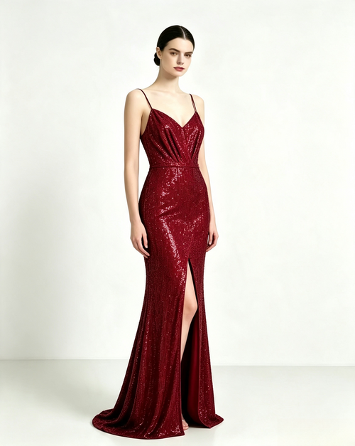 Burgundy Sequin Mermaid Maxi Evening Dress