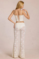 Sheer Lace Mid Rise Flared Trousers in Pearl