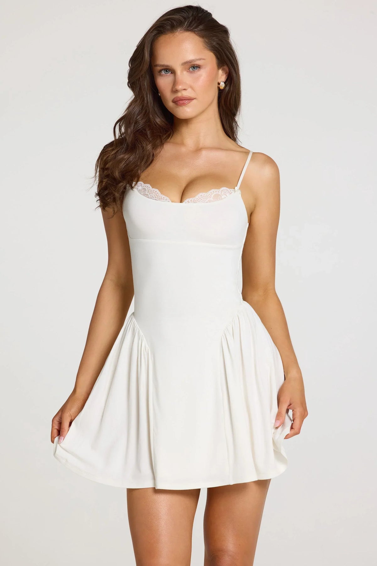 Modal Lace Trim Mini Dress in White
