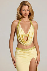 Embellished Deep Plunge Halterneck Top in Lemon Yellow