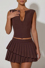 Layered Pleated Low Rise Mini Skirt in Chocolate Brown