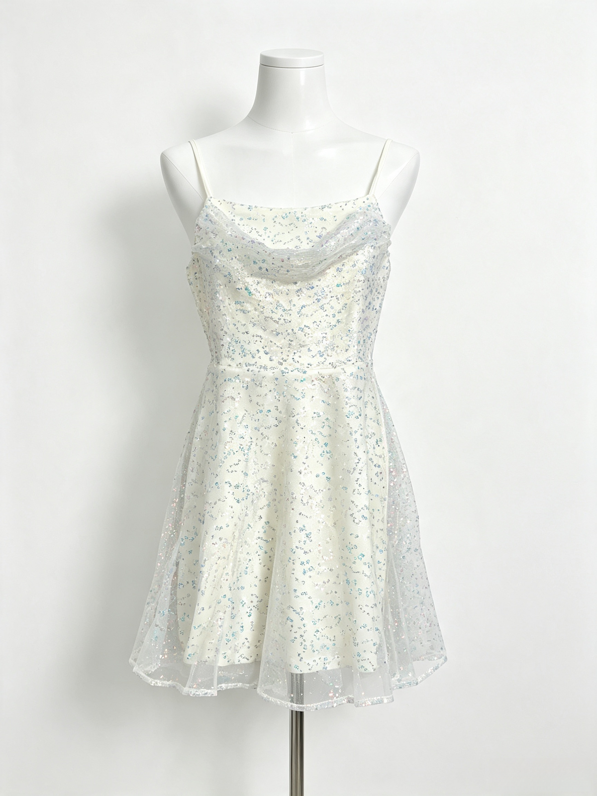 Cream Sequin Tulle Cowl Slip Mini Dress